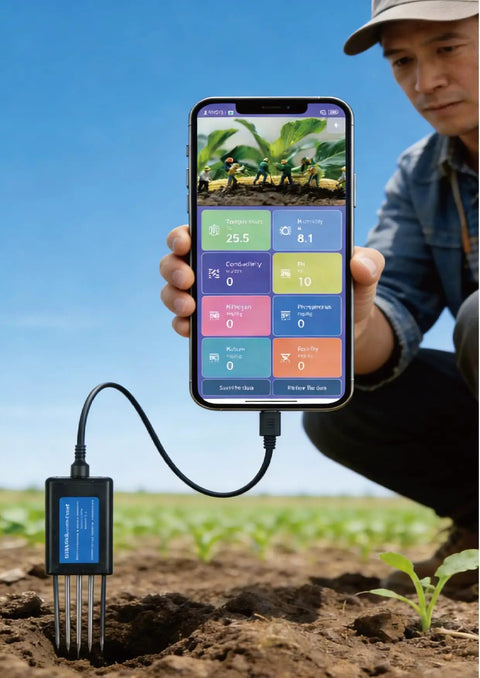 8 In 1 Soil Tester For NPK PH Moisture EC Conductivity And Fertility, High Accuracy Digital Soil Meter For Garden, Lawn, And Indoor Plants, Easy On The Go Soil Analysis Without Batteries, Quick Growth Boost used with smartphone and probes in field