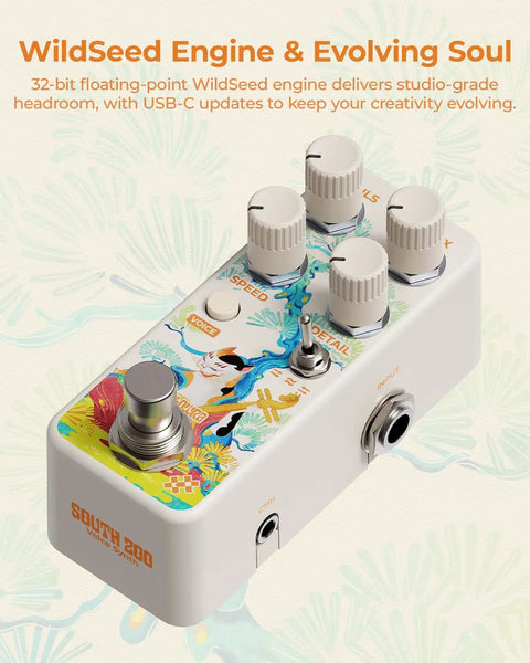 South Zoo Dope Voice Synth Pedal For Triple Voice Polyphonic Guitar Synthesis With Invert Pitch Follow Freeze Textures, top view.