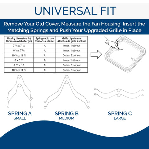Universal CleanCover Bathroom Exhaust Grille Cover For White Bath Fans Low Profile Upgrade Easy Install diagram with springs
