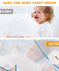 Before and after using a foldable pop up mosquito net tent for camping and travel on a baby's bed.