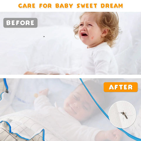 Before and after using a foldable pop up mosquito net tent for camping and travel on a baby's bed.