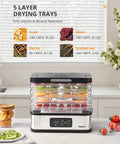 Totally Nifty Compact 5 Tier Food Dehydrator With Bpa Free Trays To Dry Sweet Fruits Crunchy Veggies Fresh Herbs And Tasty Homemade Jerky For Your Daily Kitchen Setup with colorful fruits in trays.