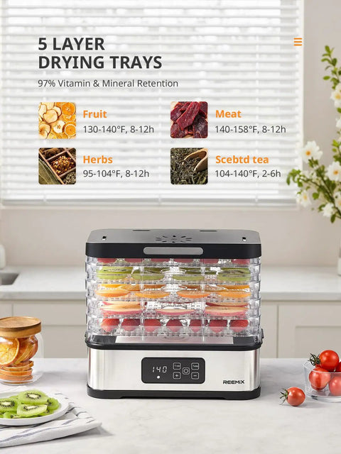 Totally Nifty Compact 5 Tier Food Dehydrator With Bpa Free Trays To Dry Sweet Fruits Crunchy Veggies Fresh Herbs And Tasty Homemade Jerky For Your Daily Kitchen Setup with colorful fruits in trays.