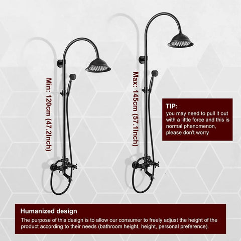 Oil Rubbed Bronze Exposed Pipe Shower System with 8 Inch Rainfall Round Head showing adjustable height range