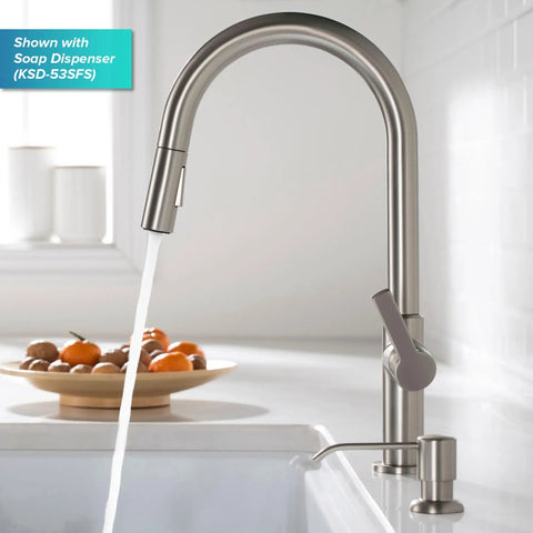 Game Changer Stainless Steel Pull Down Kitchen Faucet With Spot Free Brushed Finish and Full Range Swivel Spout, water flowing into sink.