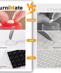 Comparison of FurniMate clear cabinet door bumpers versus others showing adhesive backing, softness, and color variety.