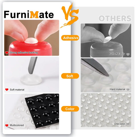 Comparison of FurniMate clear cabinet door bumpers versus others showing adhesive backing, softness, and color variety.