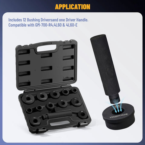 Pro Transmission Bushing Driver Kit For GM 700R4 4L60 4L60E 4L65E Transmissions with case and knurled handle on display