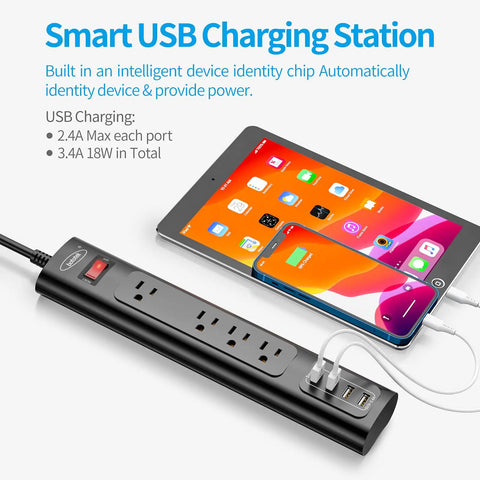 Surge Protector With Four AC Outlets And Four USB Ports 6 Foot Long Extension Cord 1250W Max Fast Chargers For Phones And Tablets