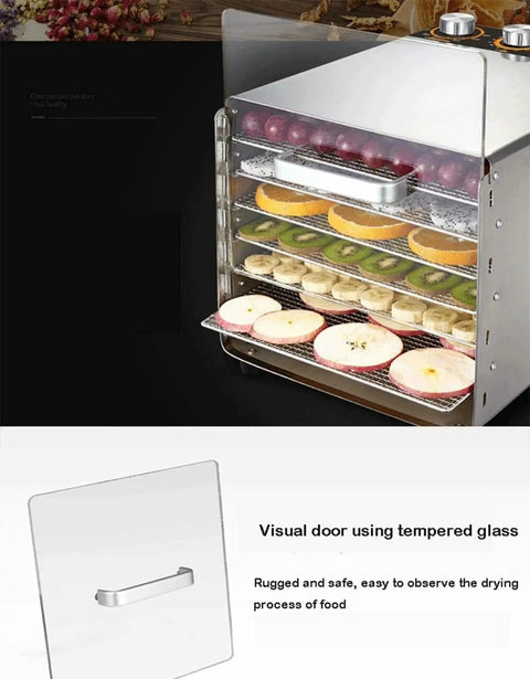 Six Layer Stainless Steel Food Dehydrator A Smooth Operator For Home Or Commercial Kitchens Drying Fruits Vegetables And Homemade Jerky With Efficient Airflow, showing dehydrated fruits on racks.