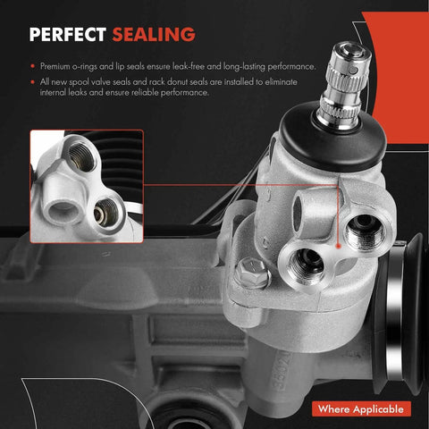 Close-up of hydraulic power steering rack and pinion for Nissan Frontier 2005 to 2020 with focus on sealing and valve design.