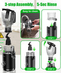 Juicer machine, front view, black, cold-press with 5.8-inch feed chute, step-by-step assembly