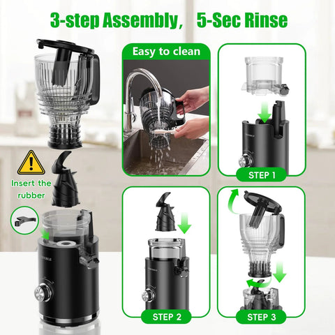 Juicer machine, front view, black, cold-press with 5.8-inch feed chute, step-by-step assembly
