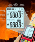 Front view of digital K-type dual-channel thermocouple thermometer with LCD display and four probes.