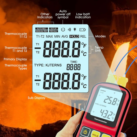 Front view of digital K-type dual-channel thermocouple thermometer with LCD display and four probes.
