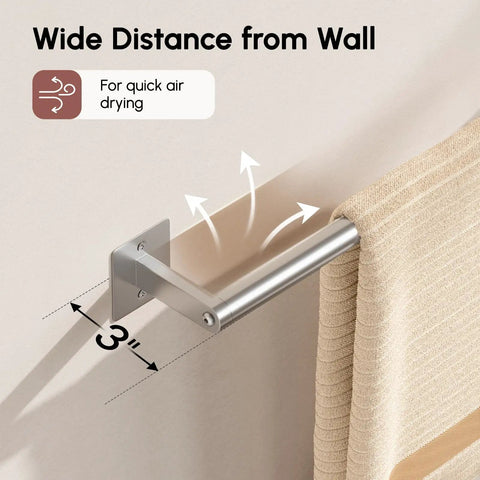 Brushed Nickel 5 Piece Bath Accessory Set With 18 Inch Towel Bar And 12 Inch Hand Towel Bar Wall Mounted SUS304 Stainless Steel Modern Durable Bathroom Hardware No Fuss Install showing hand towel bar with towel for air drying.