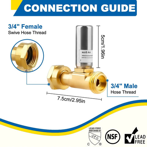 Heavy Duty Water Hammer Arrestor Set For Washing Machine And Plumbing 3/4 Inch FHT X 3/4 Inch MHT Stainless Steel And Brass Body With Swivel Hose Fittings Metal Pipe Connectors Pack Of 2, connection guide