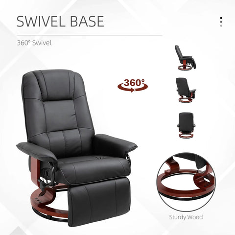 Swivel Recliner Chair With Retractable Footrest In PU Leather On Wood Base Lounge Chair Adjustable High Back Comfy Black