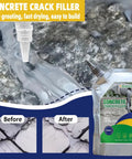 No Sweat Self Leveling Concrete Crack Filler And Waterproof Asphalt Sealant For Driveways Roads And Patios High Elasticity Repair Compound That Goes On Like Butter applied to a crack in concrete with before and after views.
