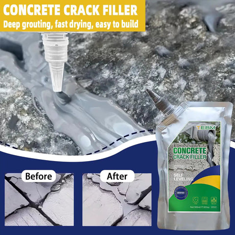 No Sweat Self Leveling Concrete Crack Filler And Waterproof Asphalt Sealant For Driveways Roads And Patios High Elasticity Repair Compound That Goes On Like Butter applied to a crack in concrete with before and after views.