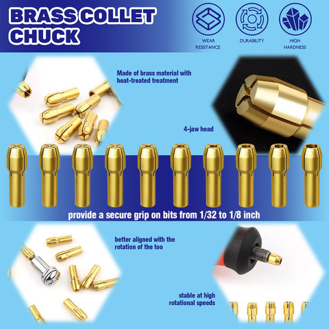 20 Piece Drill Chuck Key Wrench Set With Brass Chuck Collet Kit showing brass collets in varying sizes and features.