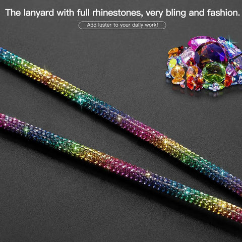 Rainbow Crystal Lanyard For ID Card Holder 34.8 Inch All Around Bling Necklace Strap With Silicone Diamond Badge Reel detail view.