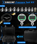 Sinocmp Digital Pressure Gauge Kit With 12000 Psi Hydraulic Test Set, featuring two pressure gauges, hoses, couplings, and case.