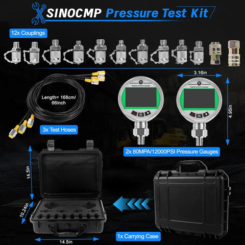 Sinocmp Digital Pressure Gauge Kit With 12000 Psi Hydraulic Test Set, featuring two pressure gauges, hoses, couplings, and case.