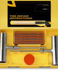 Pro Grade Tire Repair Kit with Plugs for Punctures and Flats in yellow case, showing tools and instructions, easy to use on the go