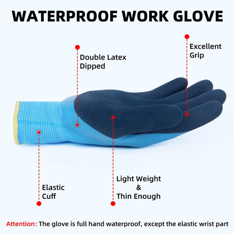 Waterproof Work Gloves With Hycool Grip Fully Dipped Latex For Dry Hands Slip Resistant Dexterity, showing features and labels.