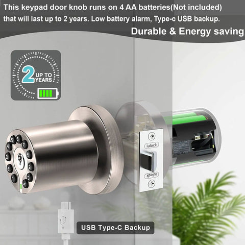 Electronic Door Knob With Backlit Keypad And Keyless Entry showing battery and Type-C USB backup