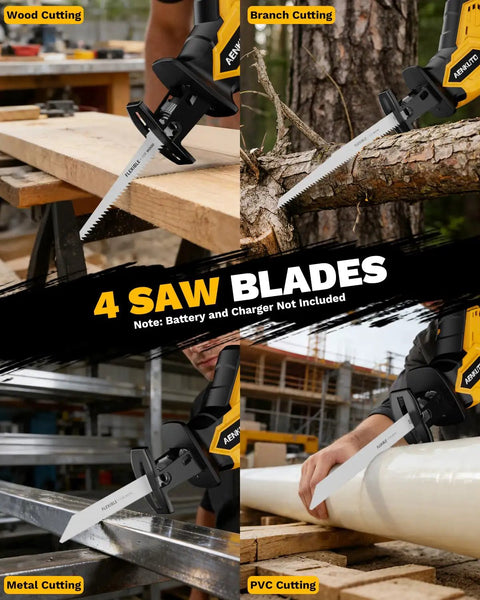 Cordless Reciprocating Saw Tool Only With A Beast Brushless Motor, 0-3500 SPM, 3-Speed Variable with four blades for cutting wood, metal, and PVC