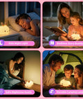 Collage showing uses of Kawaii Squishy Bunny Night Light For Kids With 16 Colors LED Glow Soft Silicone Bunny Lamp Dimmable 1200mAh