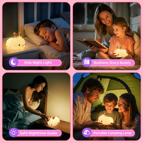 Collage showing uses of Kawaii Squishy Bunny Night Light For Kids With 16 Colors LED Glow Soft Silicone Bunny Lamp Dimmable 1200mAh