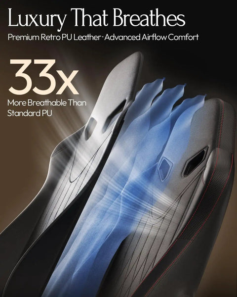 Gaming Chair With Shiatsu Neck Massage And Lumbar Support, High Back Ergonomic Recliner showing advanced airflow leather