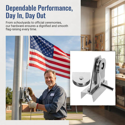 Heavy Duty Stainless Steel Flagpole Pulley And Crank Handle Kit Two Pieces For Smooth Outdoor Flag Raising Hardware With Sealed Bearing Rollers To Cut Friction No Snags Easy Install Top Quality Gear That Lets You Fly Your Banner Proudly. Stainless steel flagpole pulley and crank handle kit on a pole