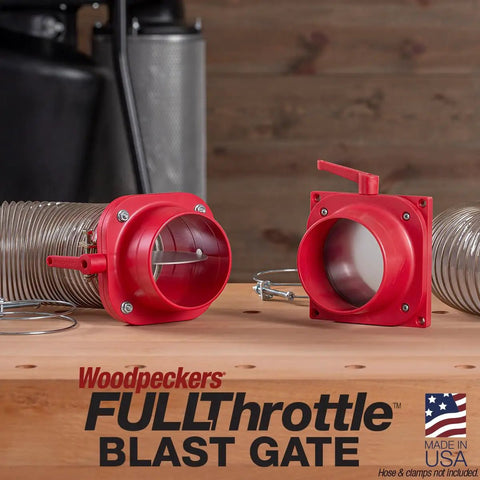Fullthrottle Blast Gate 4 Inch Dust Collection Valve Upgrade showing red valves and connecting hoses made in USA for shop use.