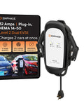 Dual 32 Amp Level 2 EV Charger With 240V 7.7 KW Output, NEMA 14 50 Plug, 25 Feet Cable, J1772 Connectors displayed with brochure