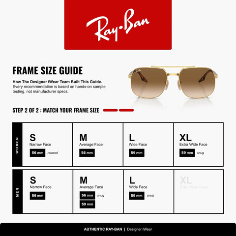 Unisex RB3699 Square Sunglasses With Gold Frame And Brown Gradient Lenses, 56mm, size guide displayed with brand logo, frame size chart.