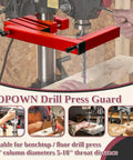 Adjustable Drill Press Guard Safety Shield Fits Two To Four Inch Column Diameter For Bench Top And Floor Models With Throat Distance Five To Ten Inches shown installed on red drill press with wooden board
