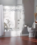 Modern bathroom with 24 inch designer bathroom grab bar with curled grip in stainless steel, tub area safety handle visible.