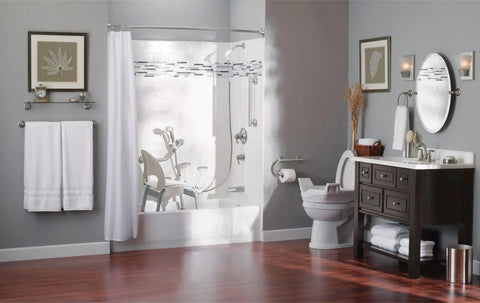 Modern bathroom with 24 inch designer bathroom grab bar with curled grip in stainless steel, tub area safety handle visible.