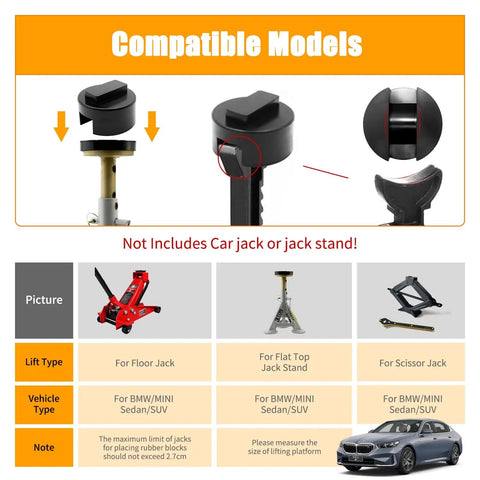 Diagram showing jack pad adapters for BMW and Mini cars pinch weld frame rail protector with compatibility details.