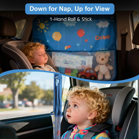 Two Pack Baby Car Sun Shades For Side Windows 26.8 By 19.7 Inches With Dinosaur Cartoon Design And Strong Suction Cups UV Heat Protection Keeps Backseat Cool Block Sun Glare For Your Tiny Rider