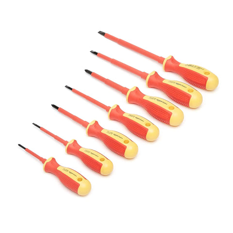 Set of six red and yellow insulated screwdrivers from Pro Grade Insulated 1000V VDE Electrician Tool Set With Pliers And Screwdrivers Voltage Tester And Electric Tape 14 Piece Heavy Duty Kit In Red And Yellow For Safe Wiring And Quick Repairs