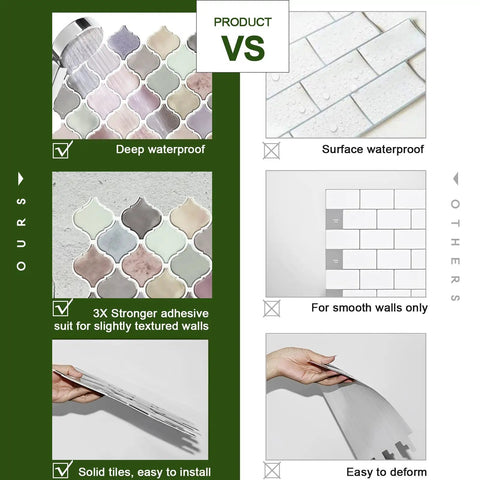 Comparison of Pink Arabesque Peel And Stick Tile Backsplash 12x12 Self Adhesive Kitchen Tiles with competitor tiles, showcasing advantages.
