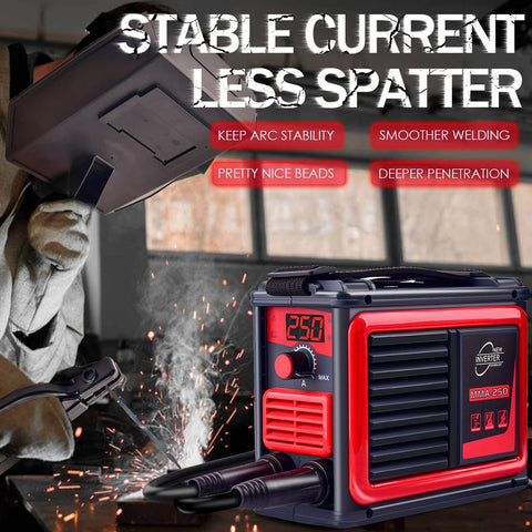 Upgraded MMA-250A 110V Portable Stick Welder With IGBT Inverter, Digital LCD Display, Hot Start Arc Force, Anti Stick, Smooth Welds For Home DIY Projects, Built To Be Beefed Up And Reliable shown in use, displaying welding arc and control panel.