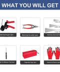 Heavy Duty Cable Tie Gun Kit With 300 Stainless Steel Zip Ties, 3 Lengths, plus cutter, gloves, and organizer bag.