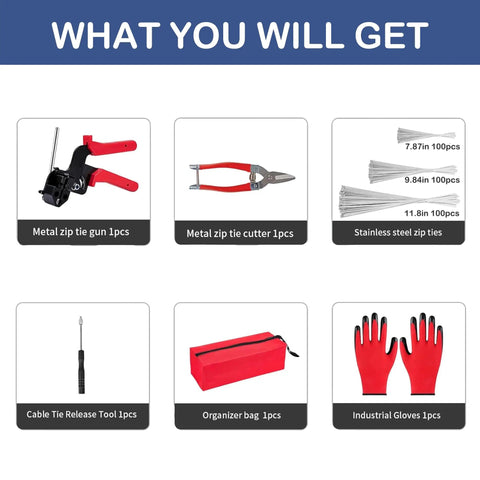 Heavy Duty Cable Tie Gun Kit With 300 Stainless Steel Zip Ties, 3 Lengths, plus cutter, gloves, and organizer bag.