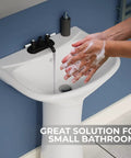 Compact Vitreous China Pedestal Sink With Overflow, space saving 16 inch wide, 33 inch high, 14.5 inch projection, glossy white finish.